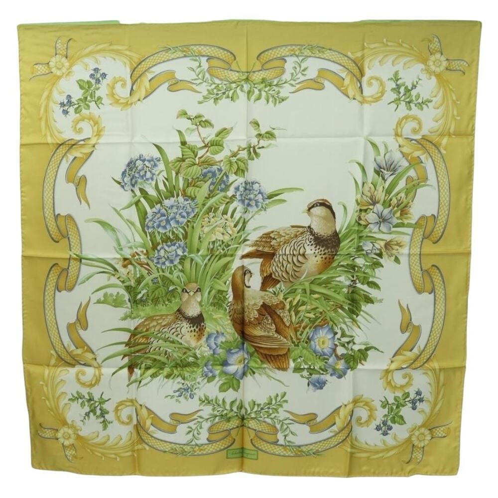 Salvatore Ferragamo Silk Bird Pattern Scarf Yellow